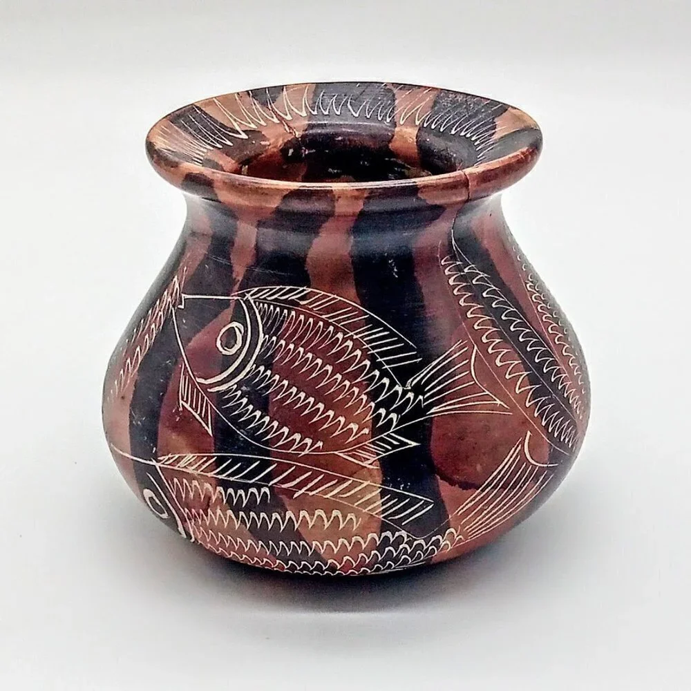 Hand-Carved Fish Brown Tan Clay Vase